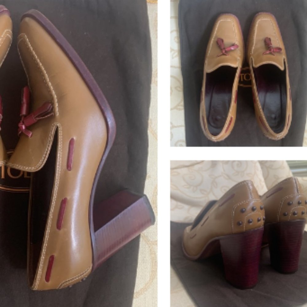 Tod's Leather Pump, Taupe with red tassels, size 39, 3 inch heel